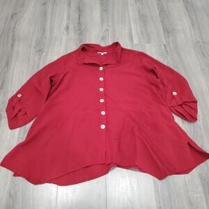 John Mark Top Women 1X Red Button Up Asymmetrical Casual Flowy Lagenlook Art